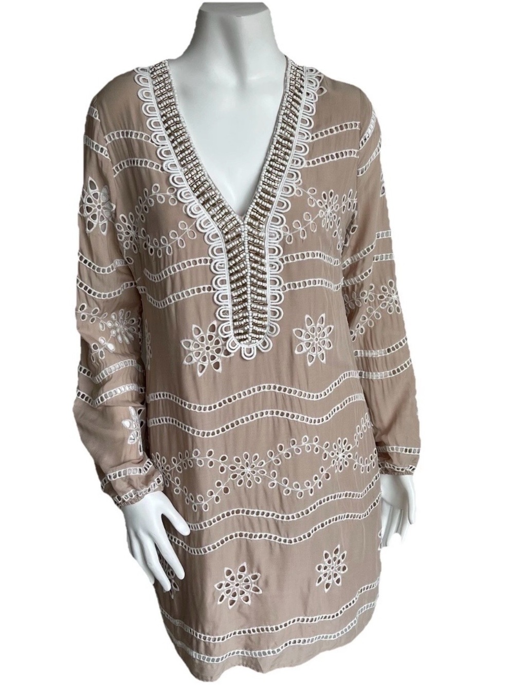Boston Proper Embellished Beaded Crochet Lace Tunic Dress Resort Cruise Vacation